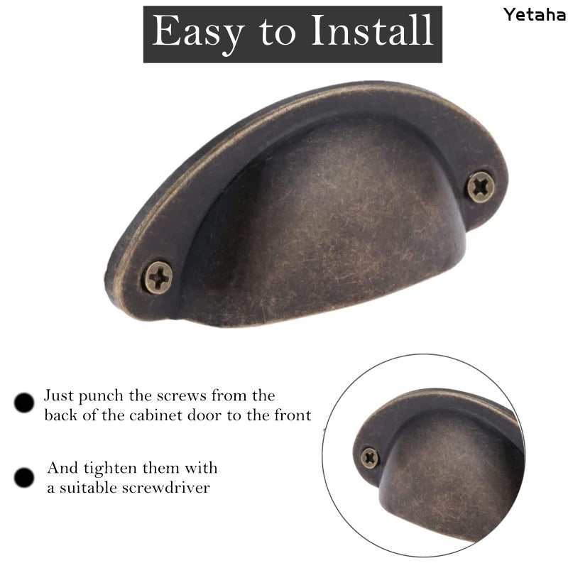 Yetaha 10PCS Antique Cabinet Cup Handles, Brass Drawer Pulls, Vintage Shell Shape Knobs for Dresser Cupboard Kitchen Furniture Decoration, with Screws (Antique Bronze) - Image 4